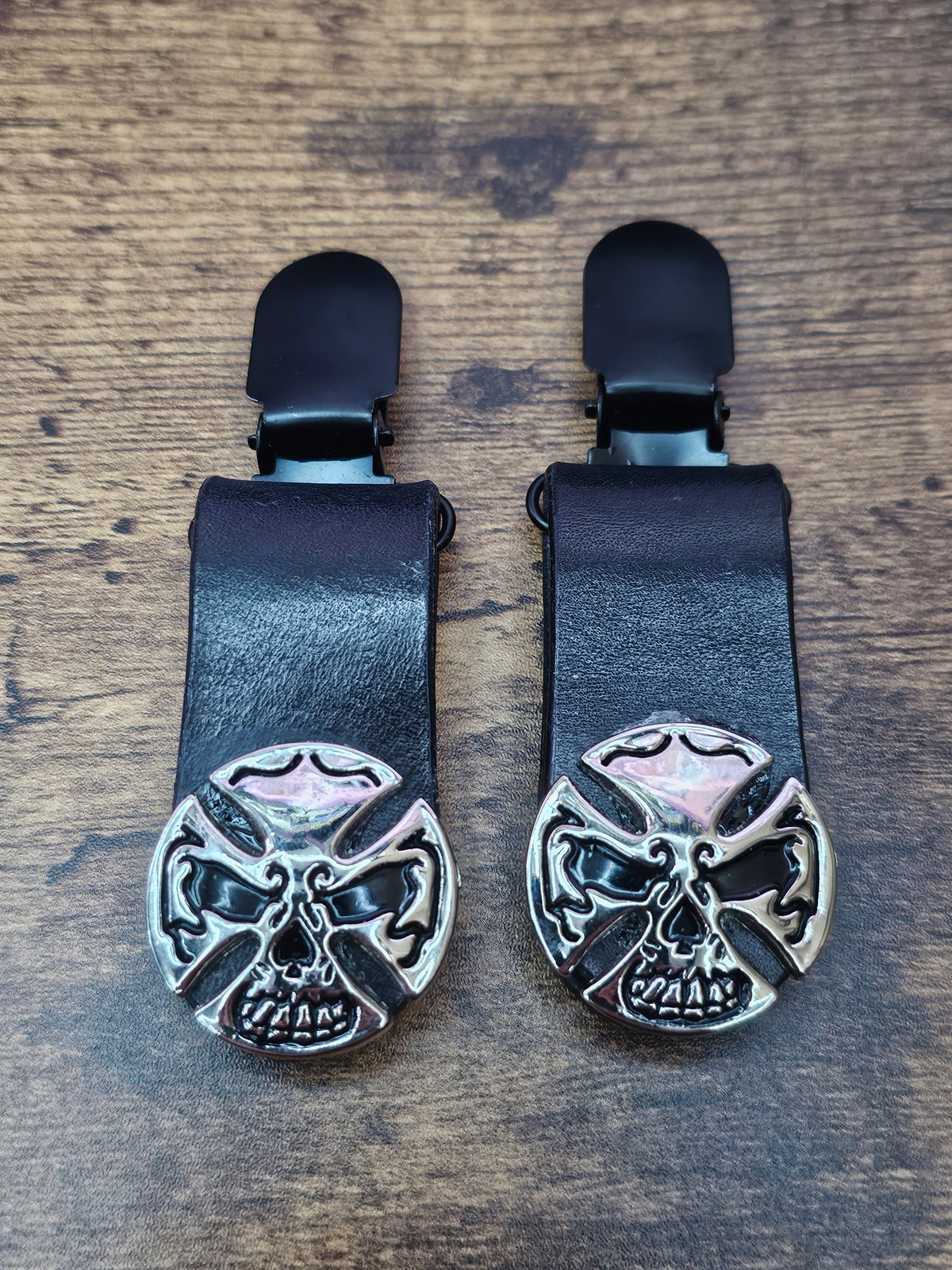 Maltese Cross Skull - Leather Biker Boot Pant Clips — Engineer Boot Style