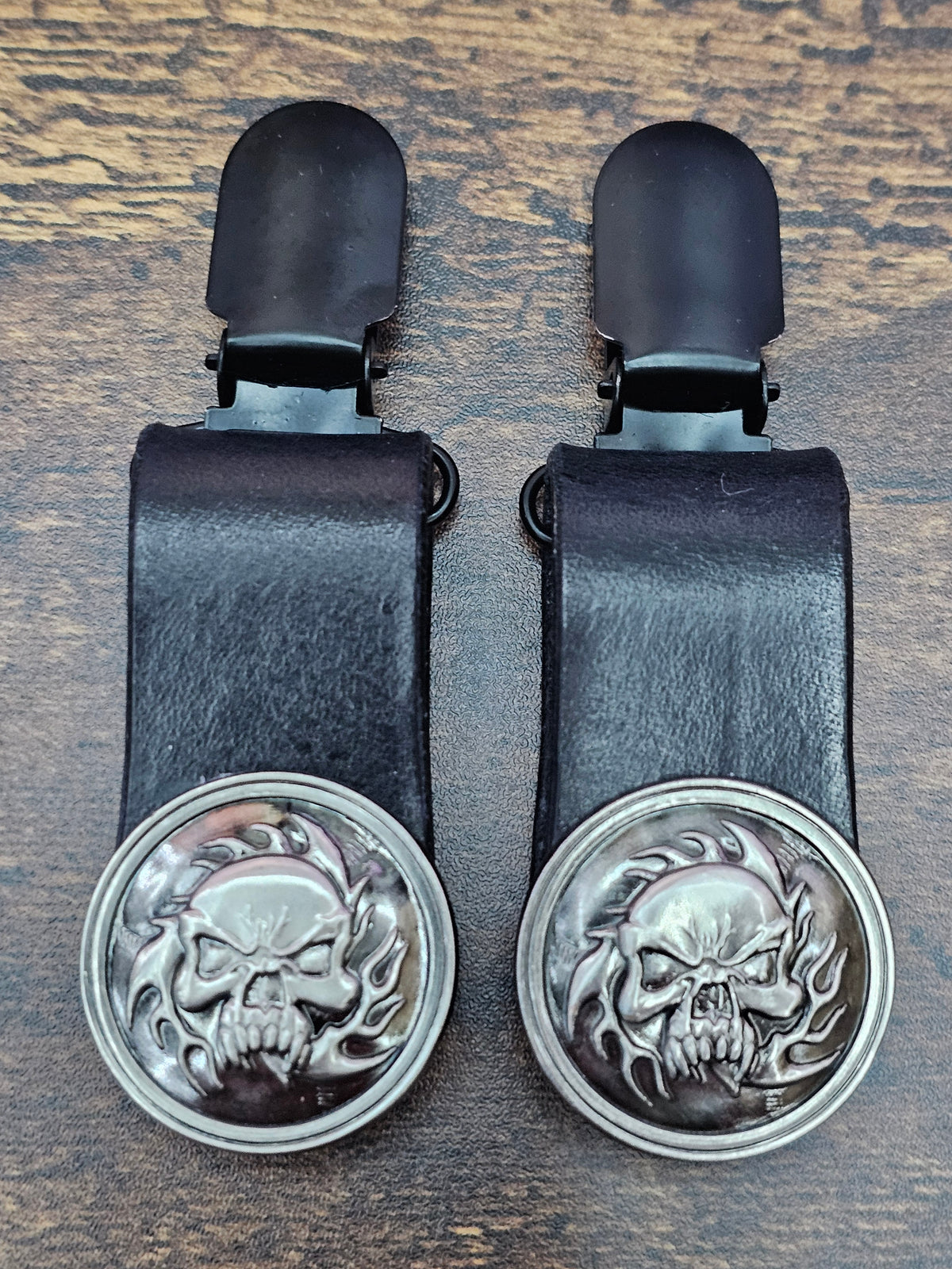 Skull w/ Flames - Leather Biker Boot Pant Clips — Engineer Boot Style