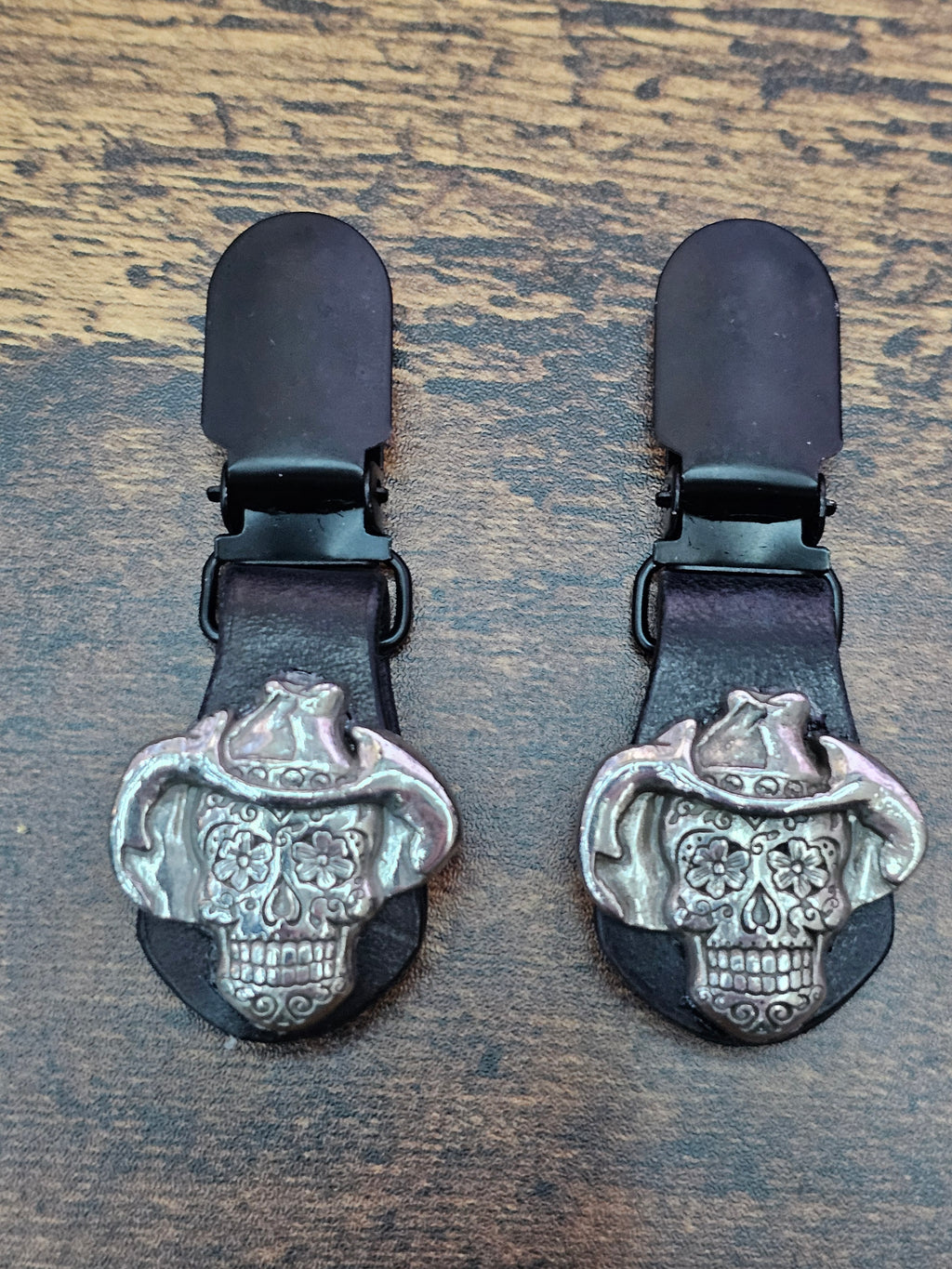 Sugar Skull Cowboy Hat - Leather Biker Boot Pant Clips — Lace-Up Style